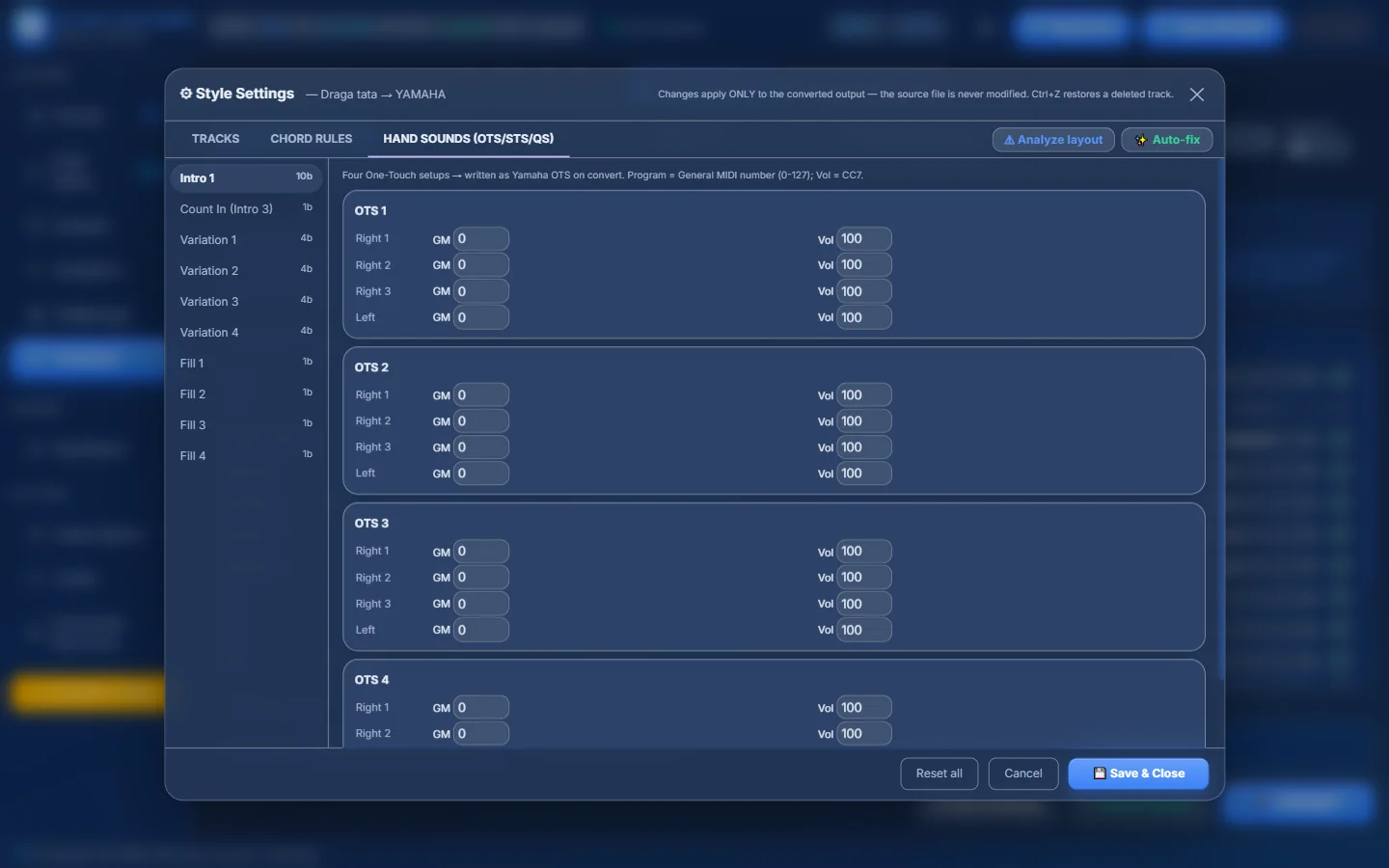 Style Settings → HAND SOUNDS. Not available for Ketron and MIDI targets.