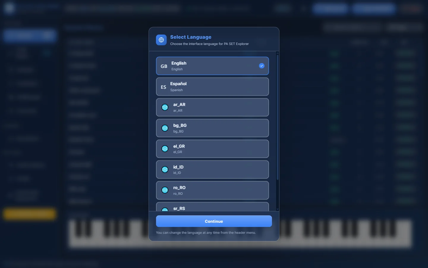 Select Language appears automatically on the first start.