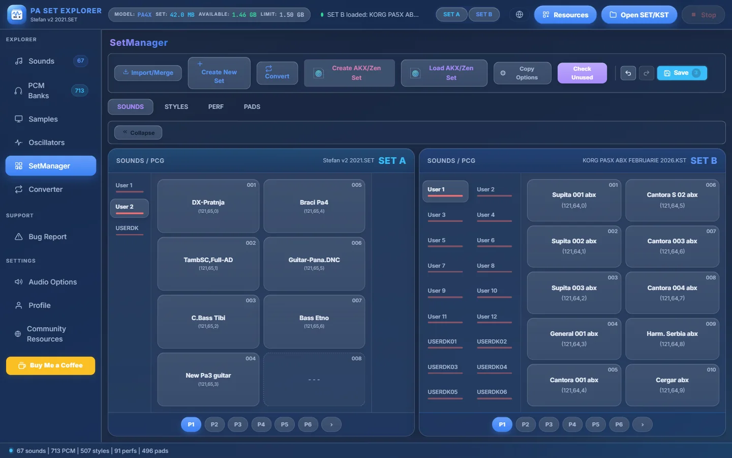 SOUNDS tab with a PA5X KST as SET B.