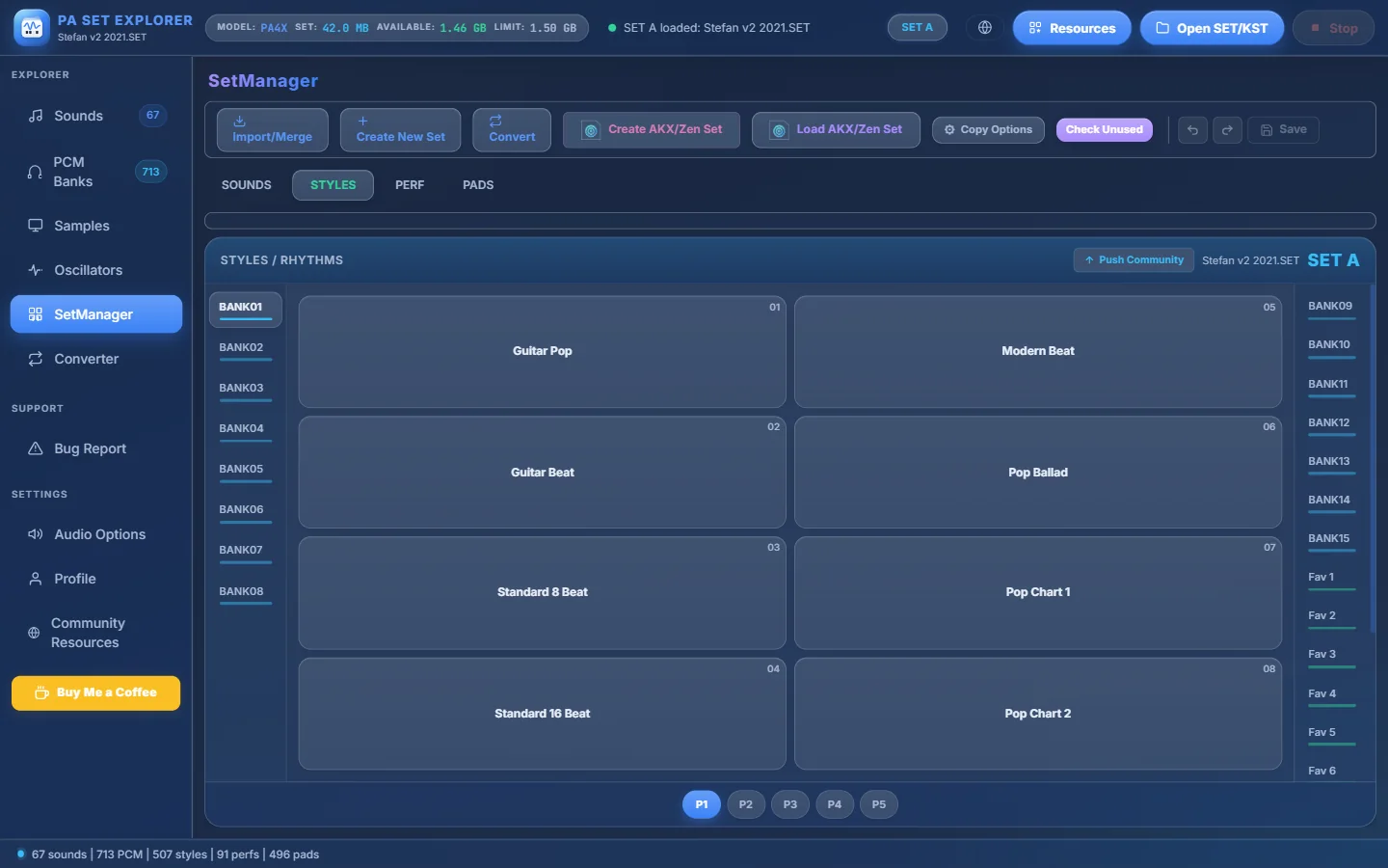 SetManager → STYLES with a PA4X SET in SET A.