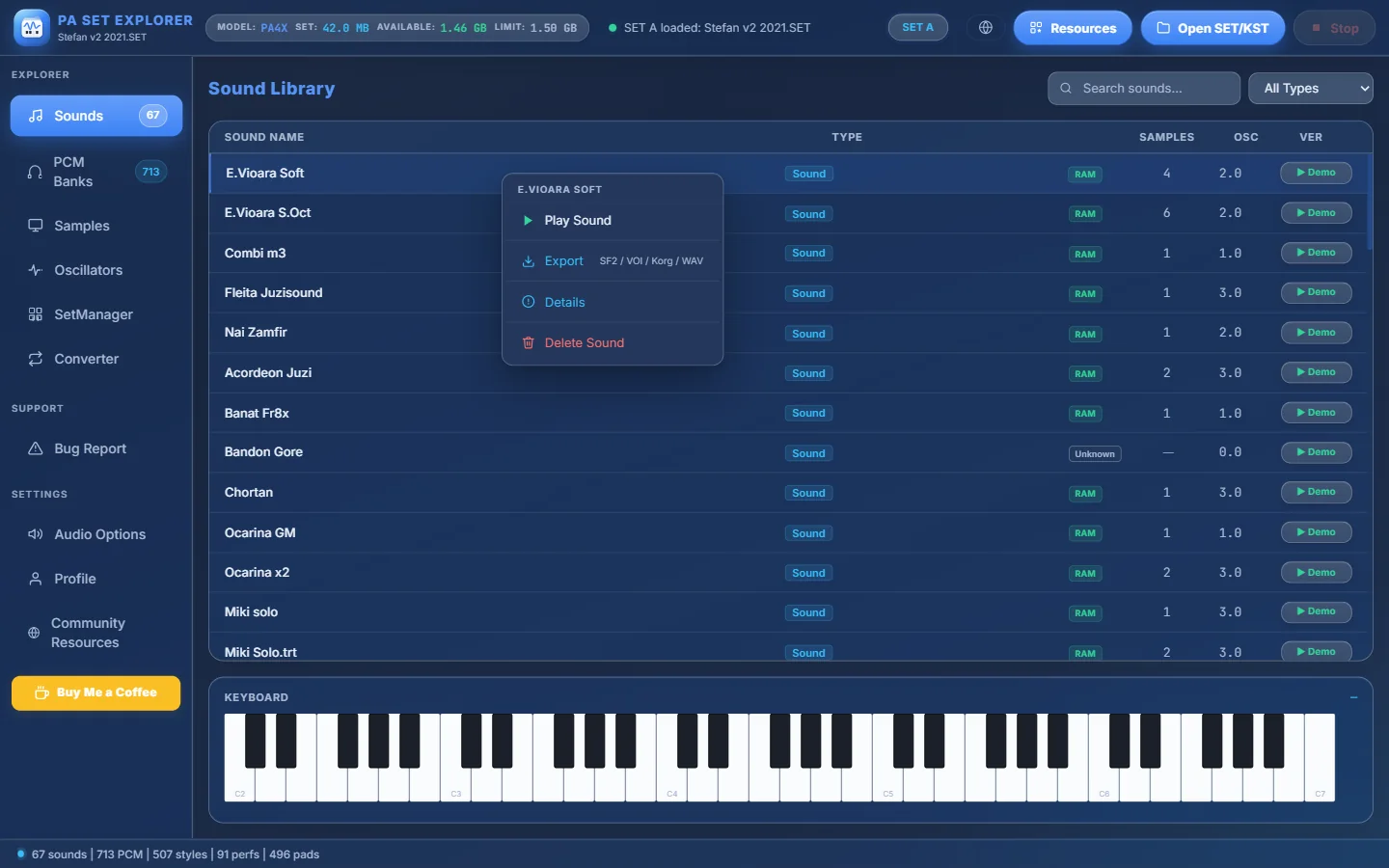 Right-click menu of a sound.
