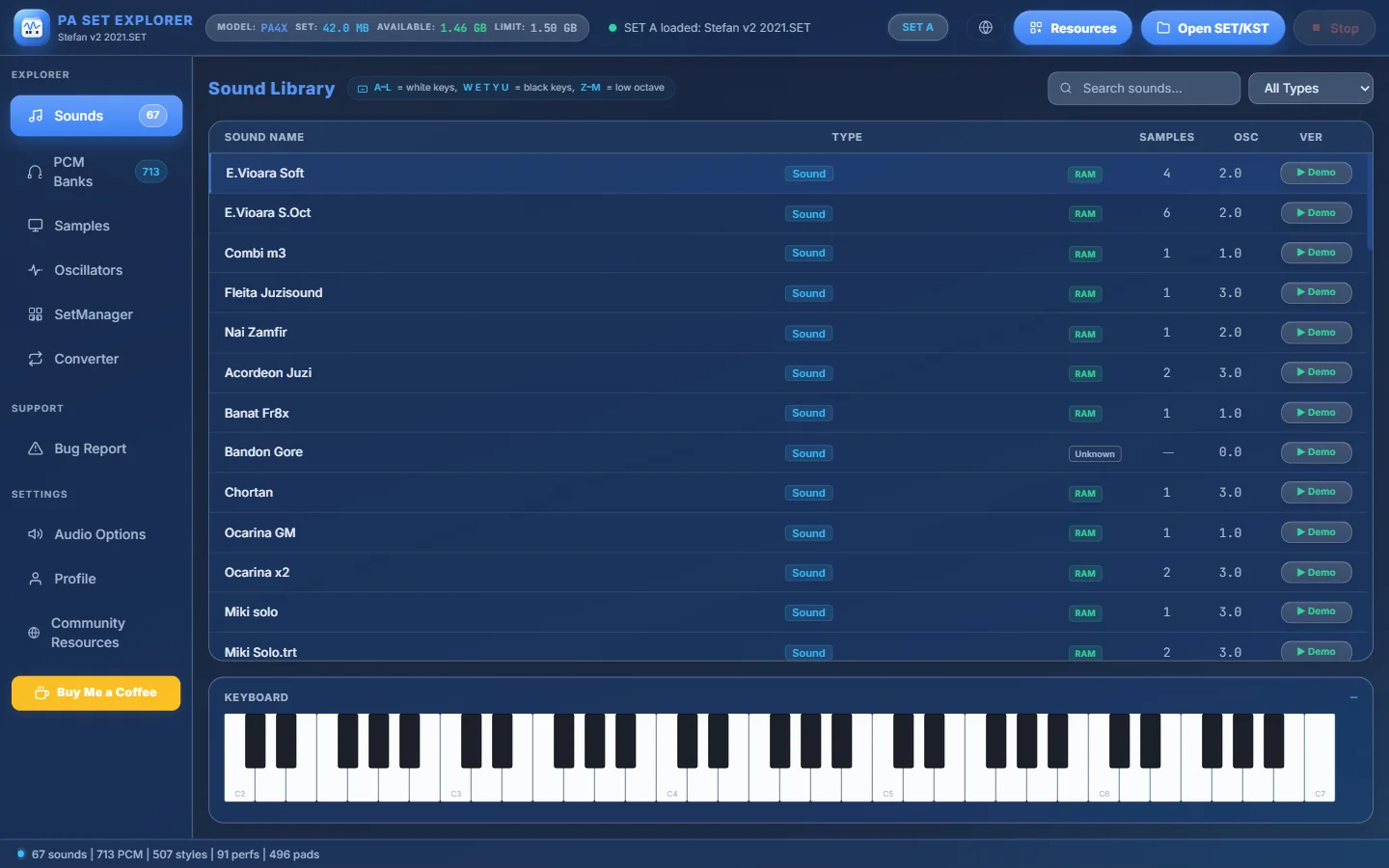 Sound Library with a PA4X SET: 67 sounds. “E.Vioara Soft” is selected.