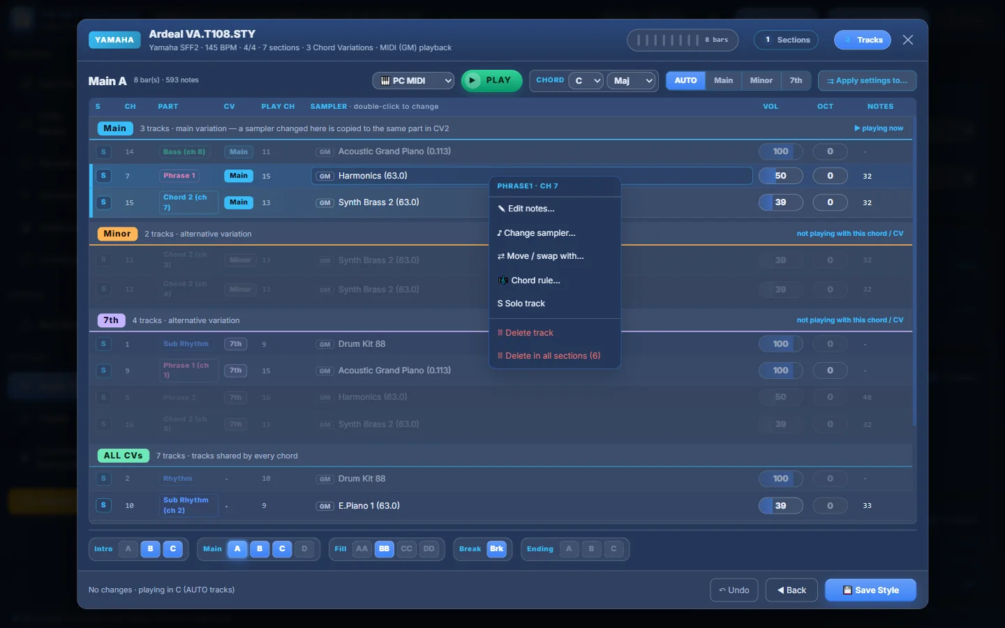 A Yamaha style in the Style Player.